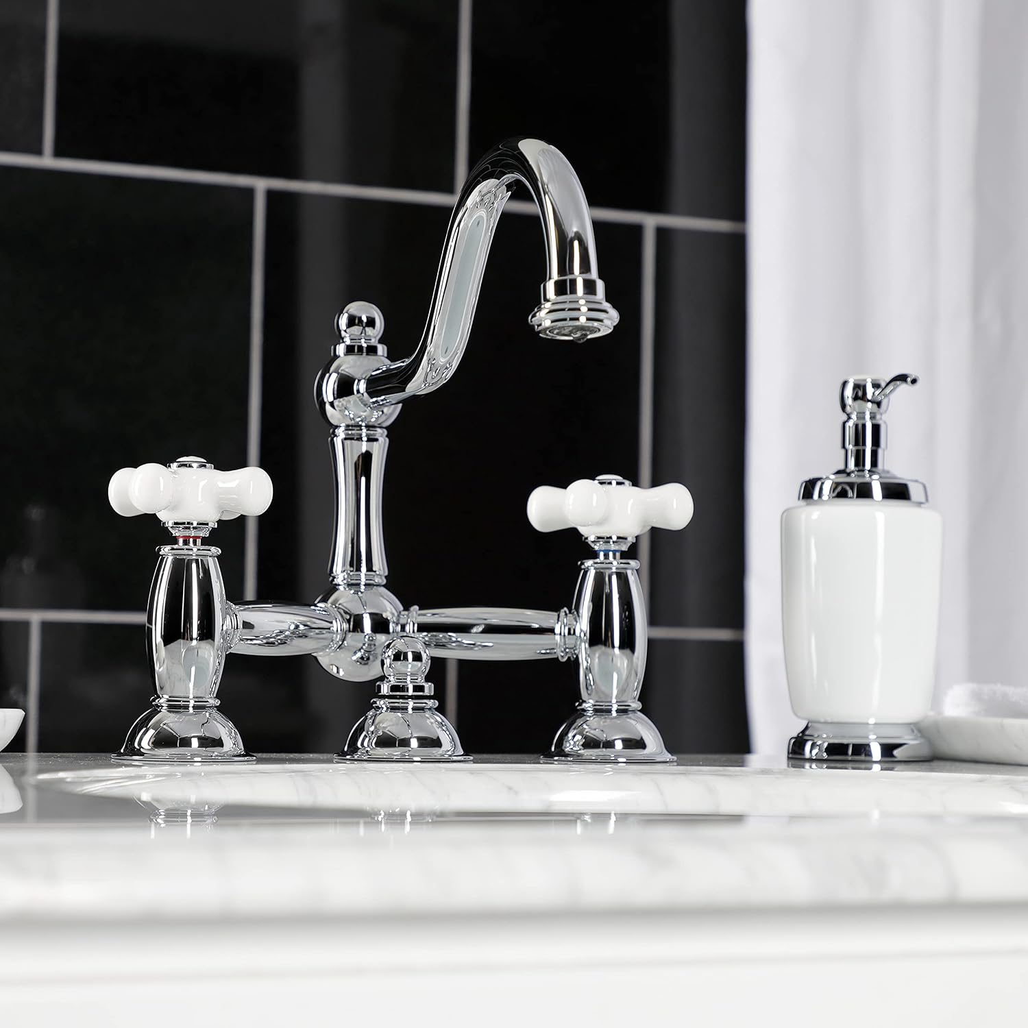 Kingston Brass KS3911PX Restoration Widespread Lavatory Faucet with Porcelain Cross Handle, Polished Chrome