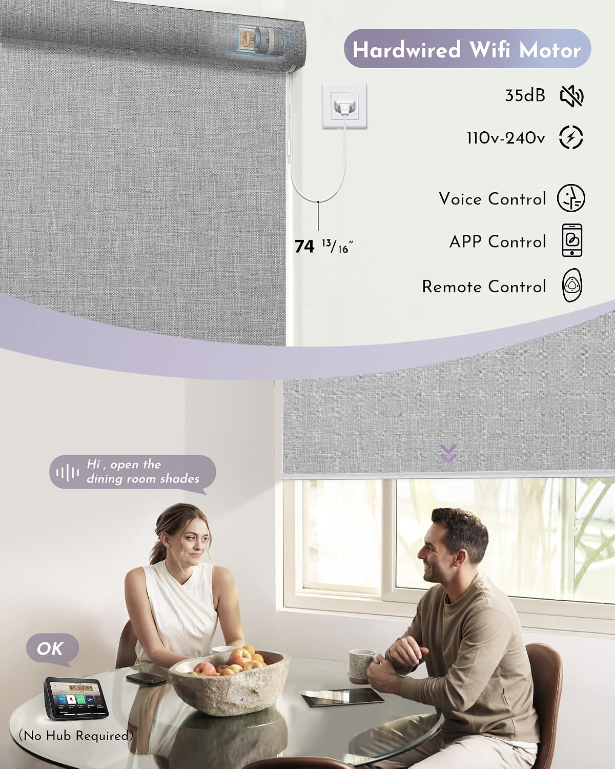 Graywind Smart Blackout Roller Shades Work with Alexa Google WiFi Hardwired Triple Weaved Fabric Motorized Blinds Remote Window Shades, Custom Size (Cloudy Grey)