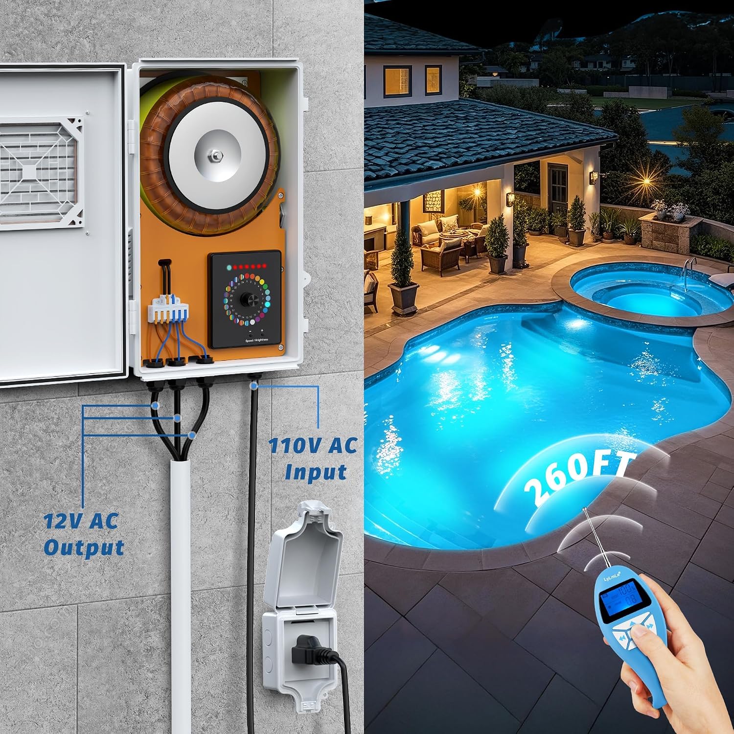 LyLmLe Pool Light for Inground Pools, 65W 12V RGBW LED Multicolor Inground Pool Light with Transformer & Controller, 316 Stainless Steel,14 Color Lights Show Underwater Lights for 10' Niche,100FT Cord