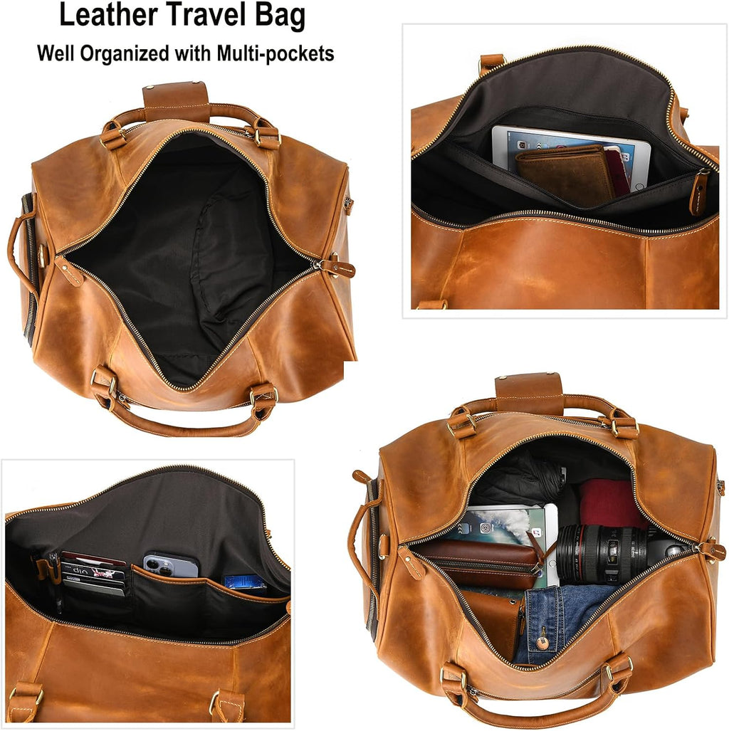 LUUFAN Full-grain Leather Travel Bag Large Capacity Duffel Luggage Bag with Shoe Compartment, Men Weekend Overnight Bag for Business Holiday Trip, Light Brown