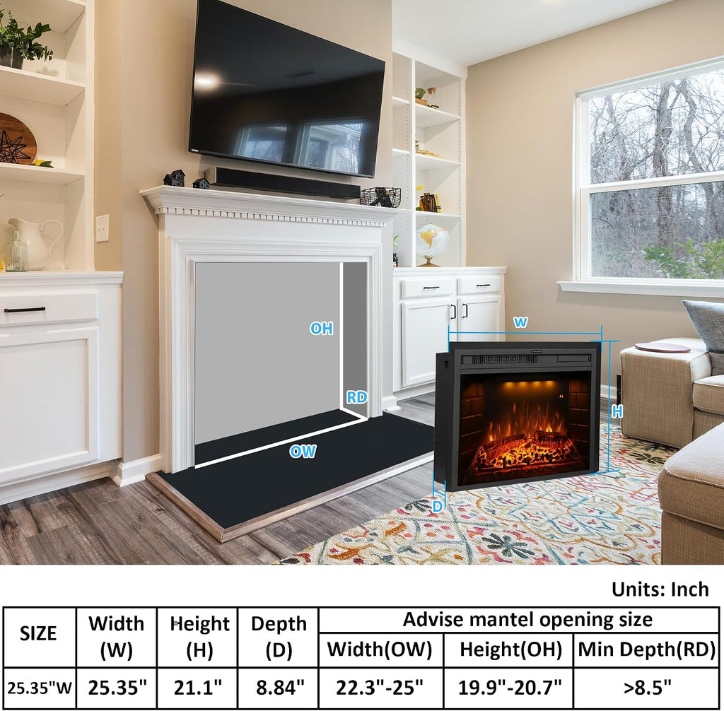 Electric Fireplace Insert 22' Wide, Wall Fireplace Electric with Remote Control, Realistic Log and Crackling Sound, Overheating Protection and Timer, 750/1500W Black