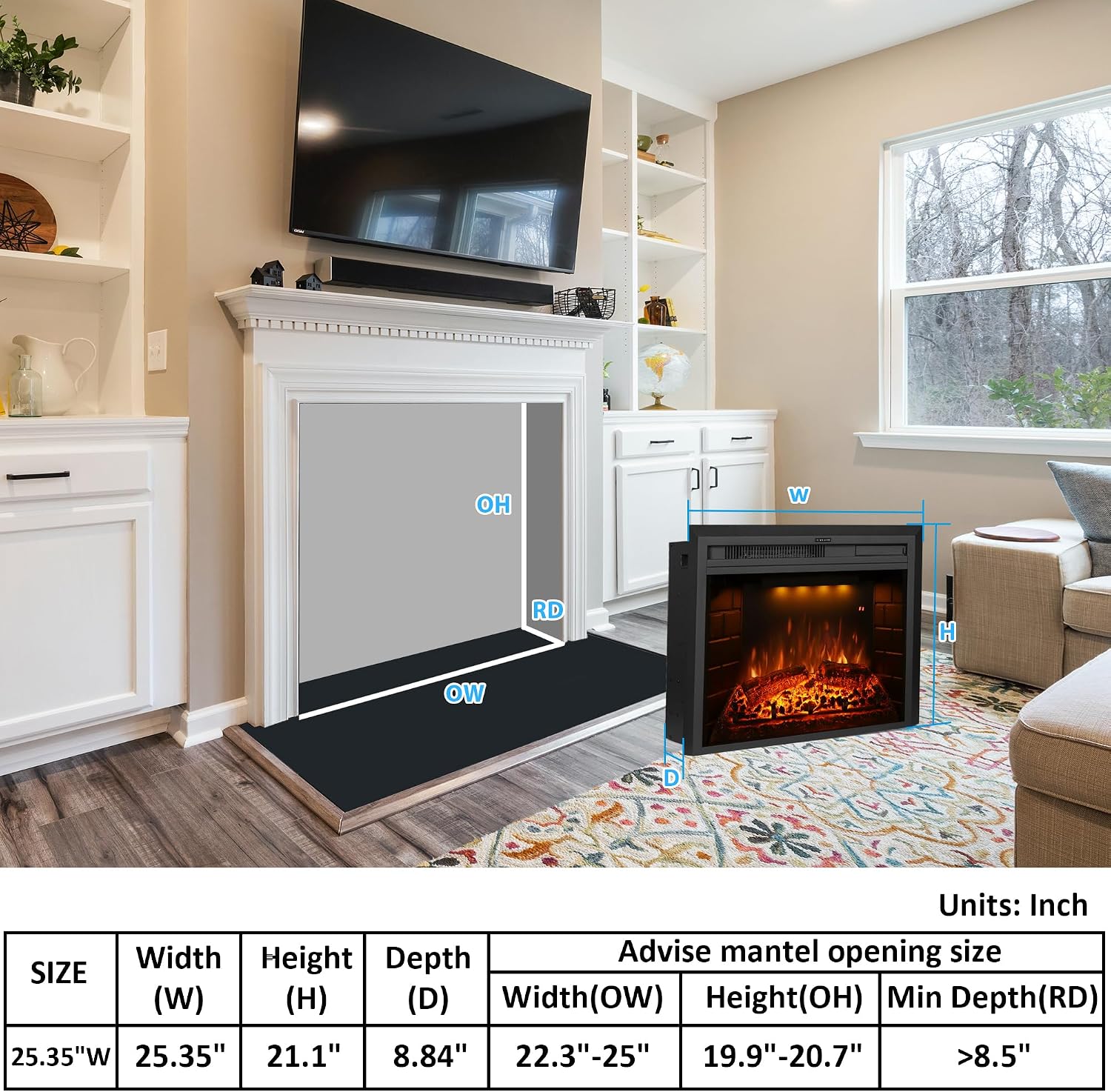 Electric Fireplace Insert 22' Wide, Wall Fireplace Electric with Remote Control, Realistic Log and Crackling Sound, Overheating Protection and Timer, 750/1500W Black