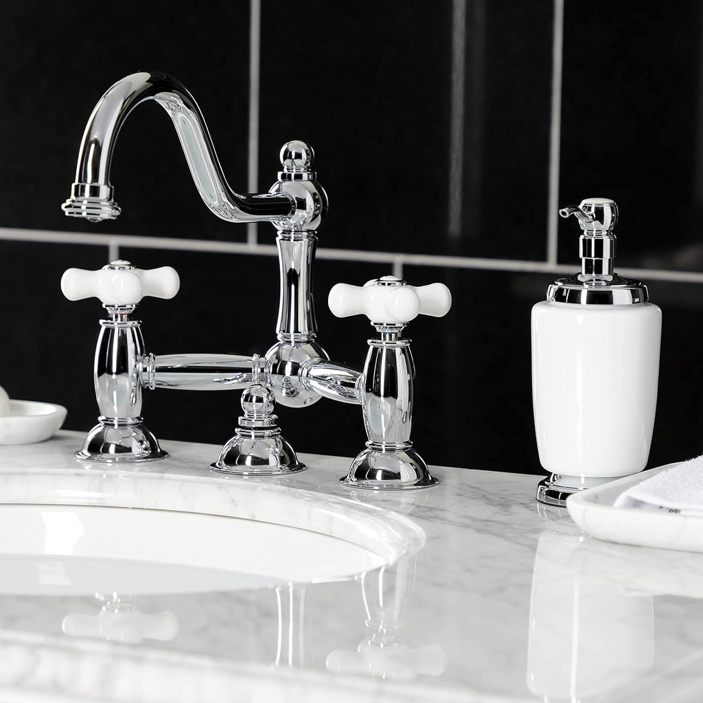 Kingston Brass KS3911PX Restoration Widespread Lavatory Faucet with Porcelain Cross Handle, Polished Chrome