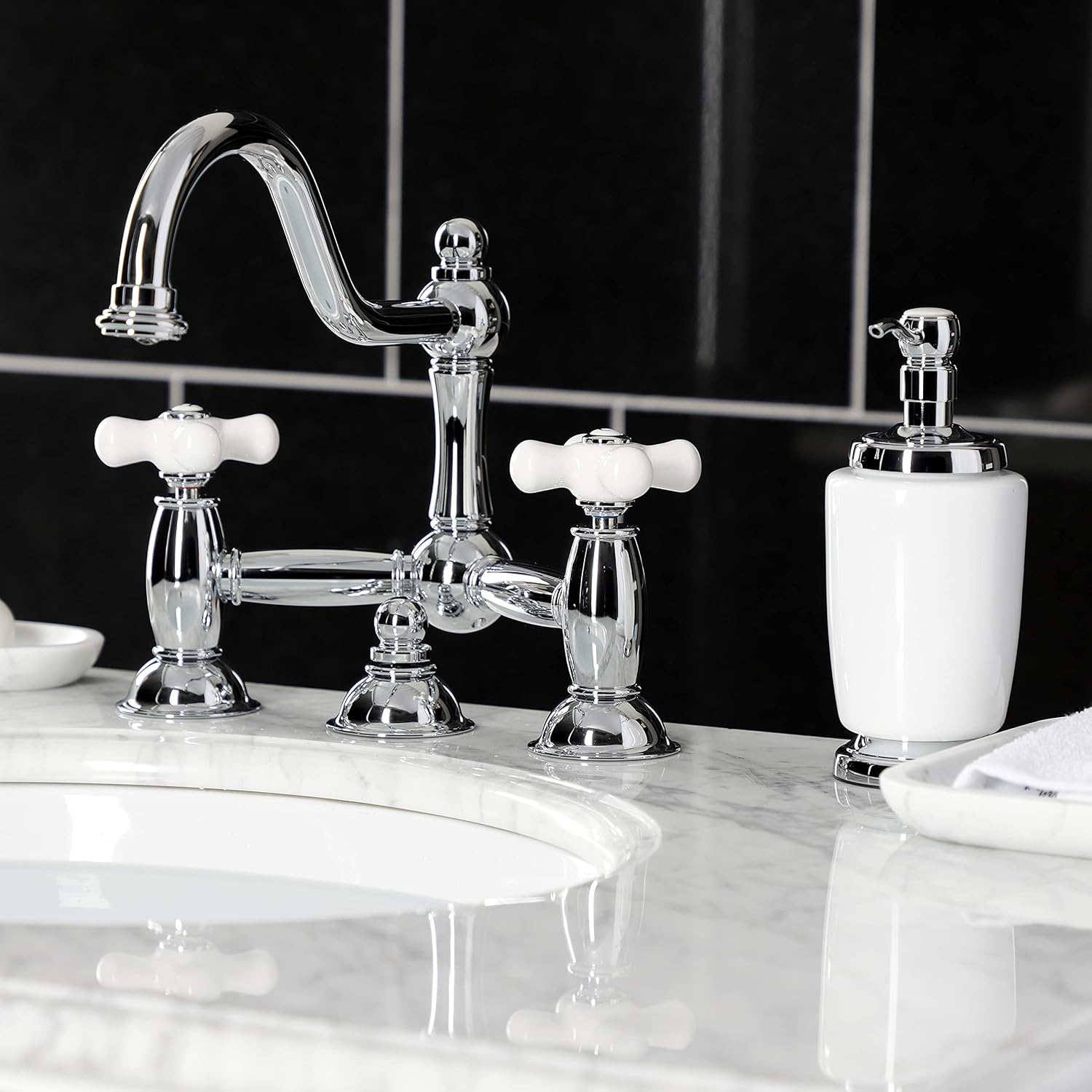 Kingston Brass KS3911PX Restoration Widespread Lavatory Faucet with Porcelain Cross Handle, Polished Chrome