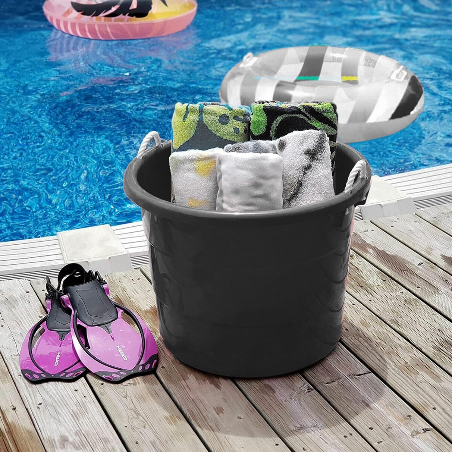 Homz 18 Gallon Durable Plastic Utility Storage Bucket Tub Organizers with Strong Rope Handles for Indoor and Outdoor Use, Black, 8 Pack