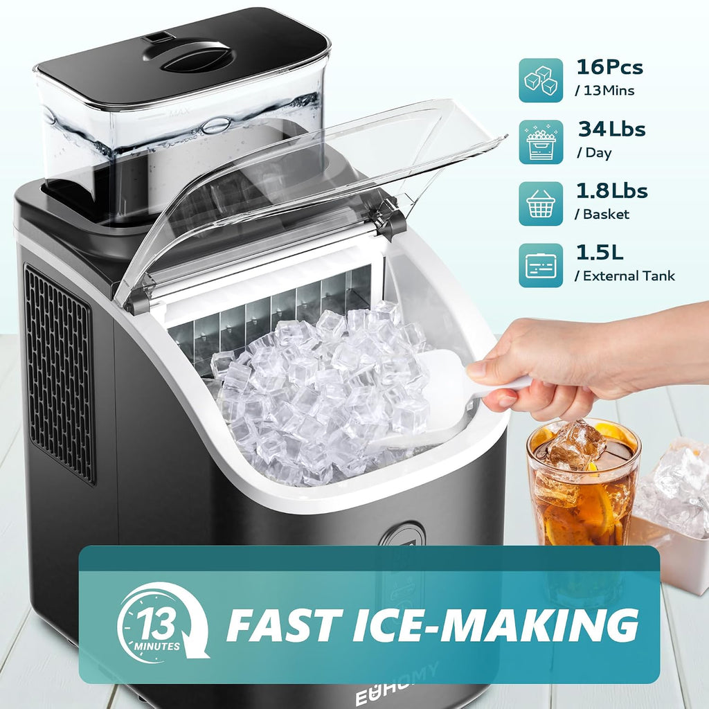 EUHOMY Ice Cube Maker Machine Countertop with External Water Tank, 2 Ways to Add Water, 34Lbs/Day, 16Pcs Ready in 7 Mins, Auto-Cleaning, with Ice Scoop & Basket, for Home/Kitchen/Office/Bar (Black)