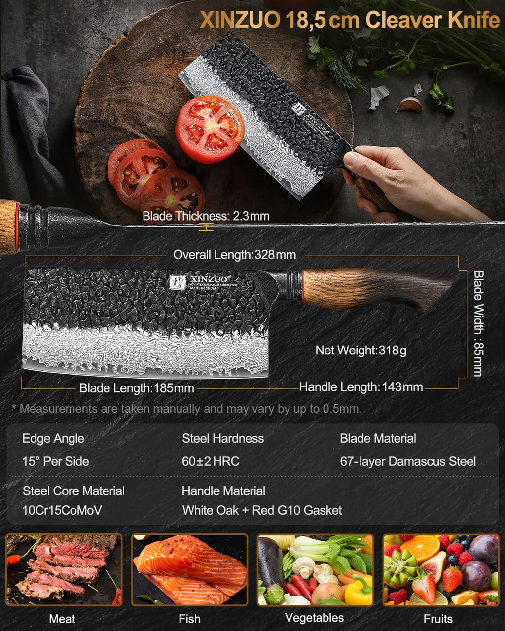 XINZUO 7.3 Inch Vegetable Cleaver Knife,10Cr15Comov Steel Core Forged Damascus Steel,Sharp Slicing Knife For Home Kitchen And Restaurant,Ergonomic White Oak + Red G10 Gasket Handle