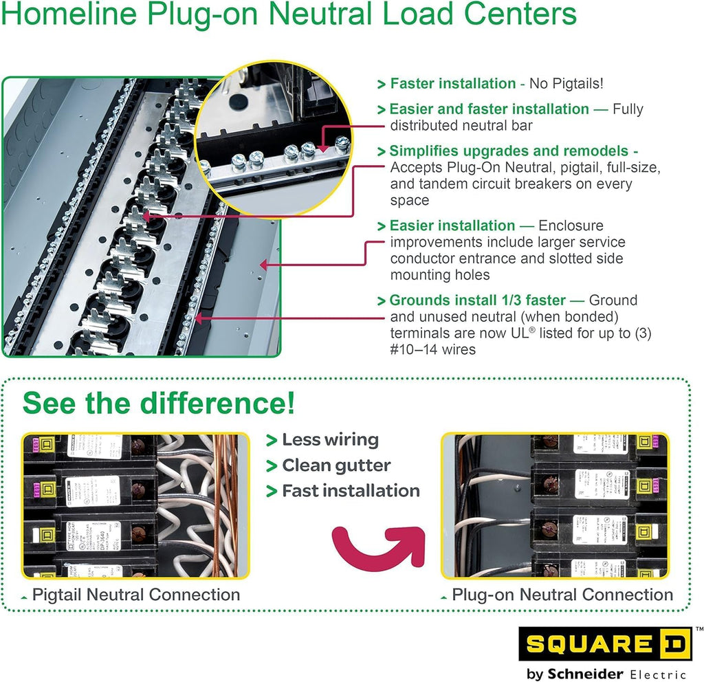 Square D - HOM816M100PC Homeline 100 Amp 8-Space 16-Circuit Indoor Main Breaker Load Center with Cover (Plug-on Neutral Ready),