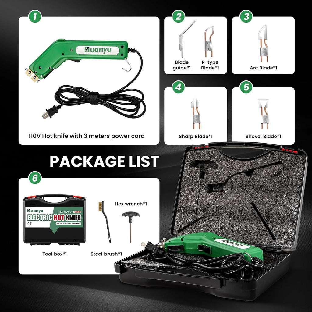 Huanyu Electric Hot Knife Rope Cutter Fabric Cutting Tool Kit 4 Blades Pro Fabric Cutting 600° C Heat Cutter 100W Heat Sealer for Sponge Cloth Board Webbing Continuous Working