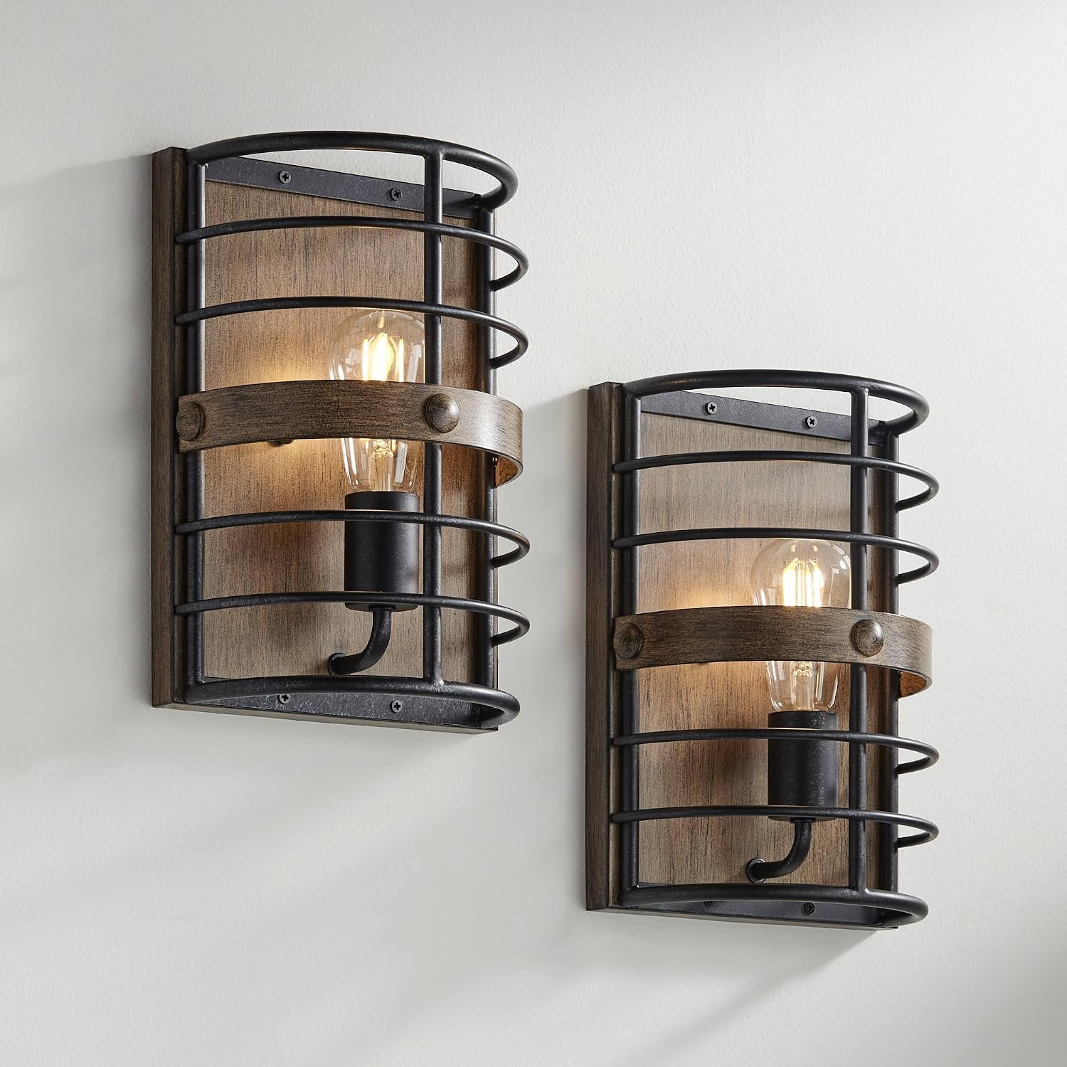 Franklin Iron Works Lexi Farmhouse Rustic Wall Light Sconces Set of 2 Oil Rubbed Bronze Brown Hardwired 8' Fixture Metal Cage for Bedroom Bathroom Vanity Living Room Hallway Dining Kitchen House