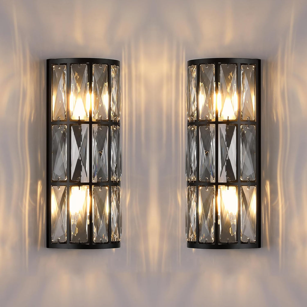 2 Light Modern Concise E12 Base Polyhedral Crystal Shade 2 Pack Wall Sconce Light Fixtures,Black Finish for Bathroom,Bedroom Living Room Bedside