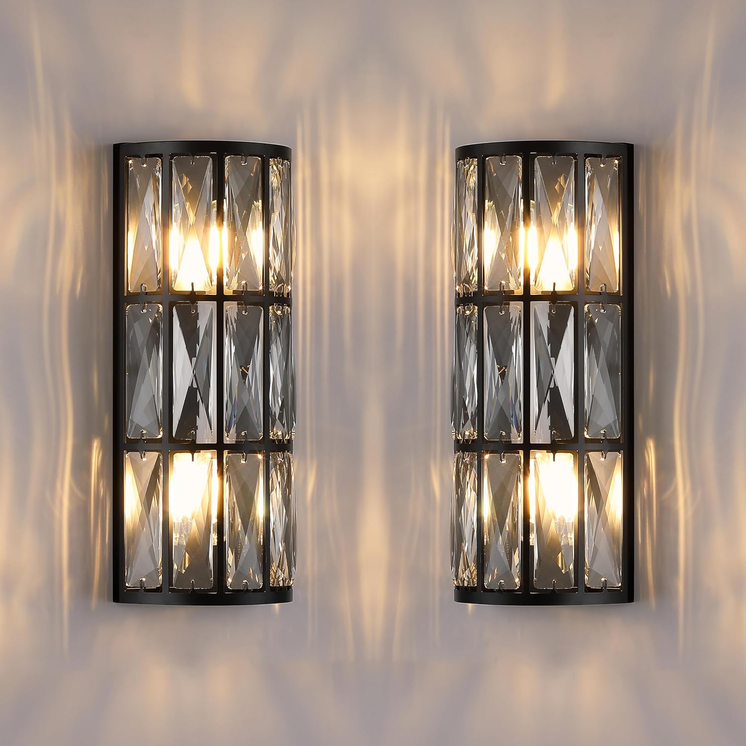 2 Light Modern Concise E12 Base Polyhedral Crystal Shade 2 Pack Wall Sconce Light Fixtures,Black Finish for Bathroom,Bedroom Living Room Bedside