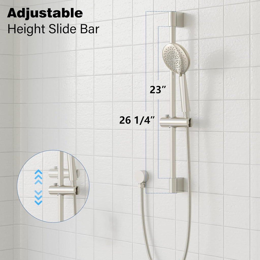 Gabrylly Shower System, Slide Bar Shower Faucet Set with High Pressure 10' Rain Shower Head and 5-Setting Handheld Spray, 2-Way Shower Valve Kit, Brushed Nickel