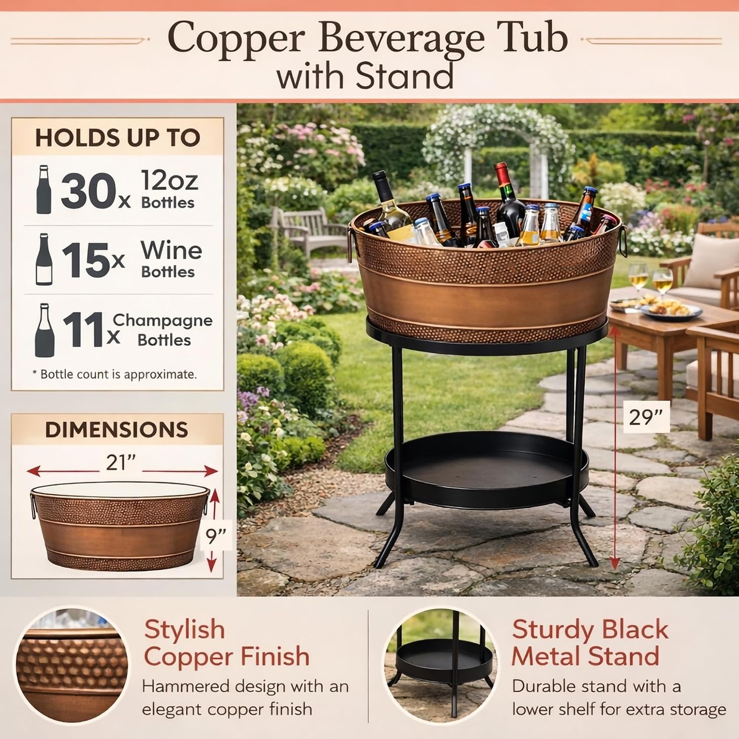 BREKX Aspen Metal Beverage Tub with Stand, 6 Gallon Galvanized Tub with Durable Copper Finish, Ice Tub Cooler Stand, Drink Cooler for Parties - Copper Anniversary