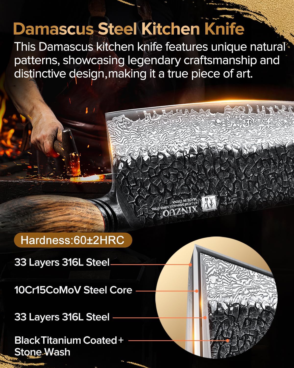 XINZUO 7.3 Inch Vegetable Cleaver Knife,10Cr15Comov Steel Core Forged Damascus Steel,Sharp Slicing Knife For Home Kitchen And Restaurant,Ergonomic White Oak + Red G10 Gasket Handle