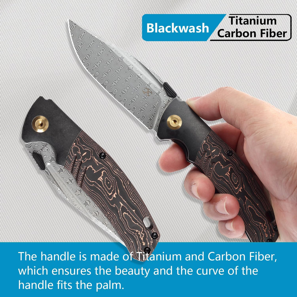 KANSEPT Hinterland Pocket Folding Knives for Men EDC Camping Folding Knife 3.58'' Damascus Blade Pocket Knife with Blackwash Titanium + Copper Carbon Fiber Handle Everyday Carry K1057A3