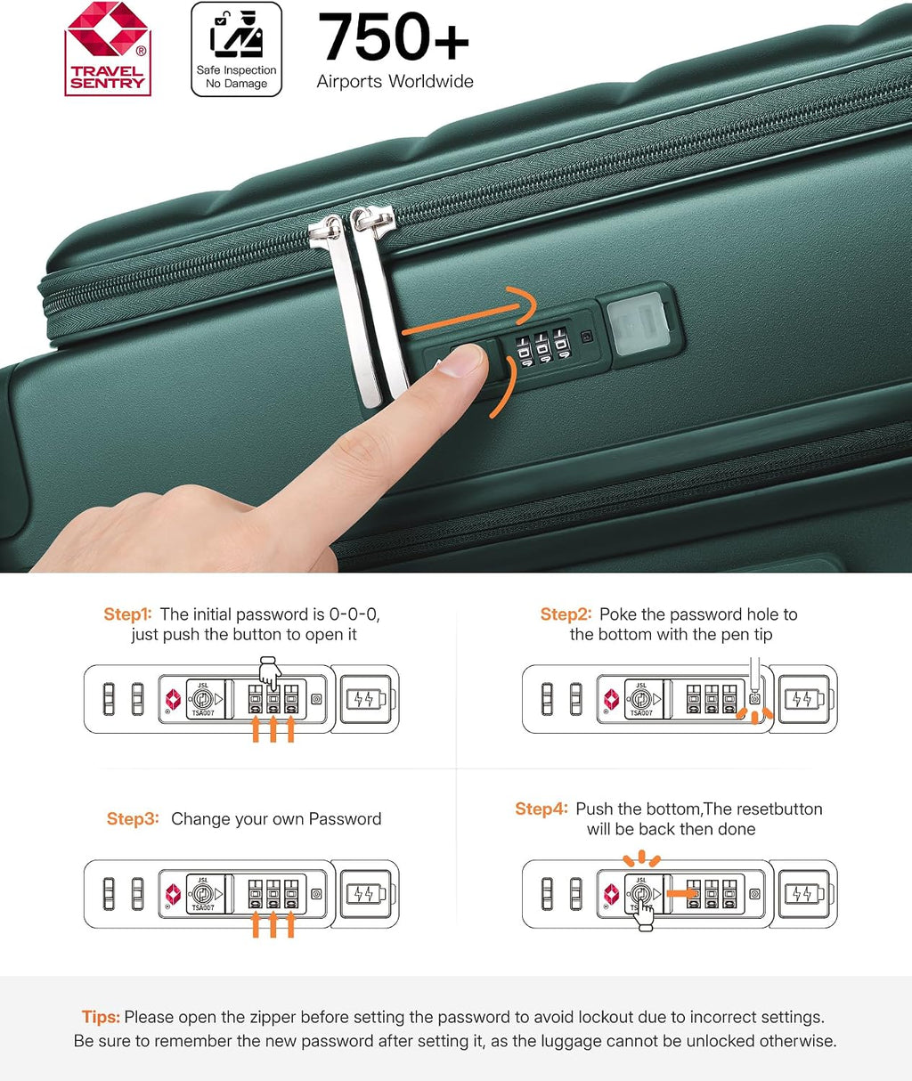Expandable 20Inch Carry On Luggage Airline Approved - Top Opening Hardside Travel Suitcase Unbreakable -with Cup Holder,USB Charge,Side Pothook, 360°Spinner Wheels, TSA Lock-Green