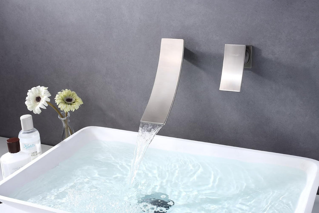 Sumerain Wall Mount Faucet Brushed Nickel,Single Handle Bathroom Sink Faucet with Waterfall Spout