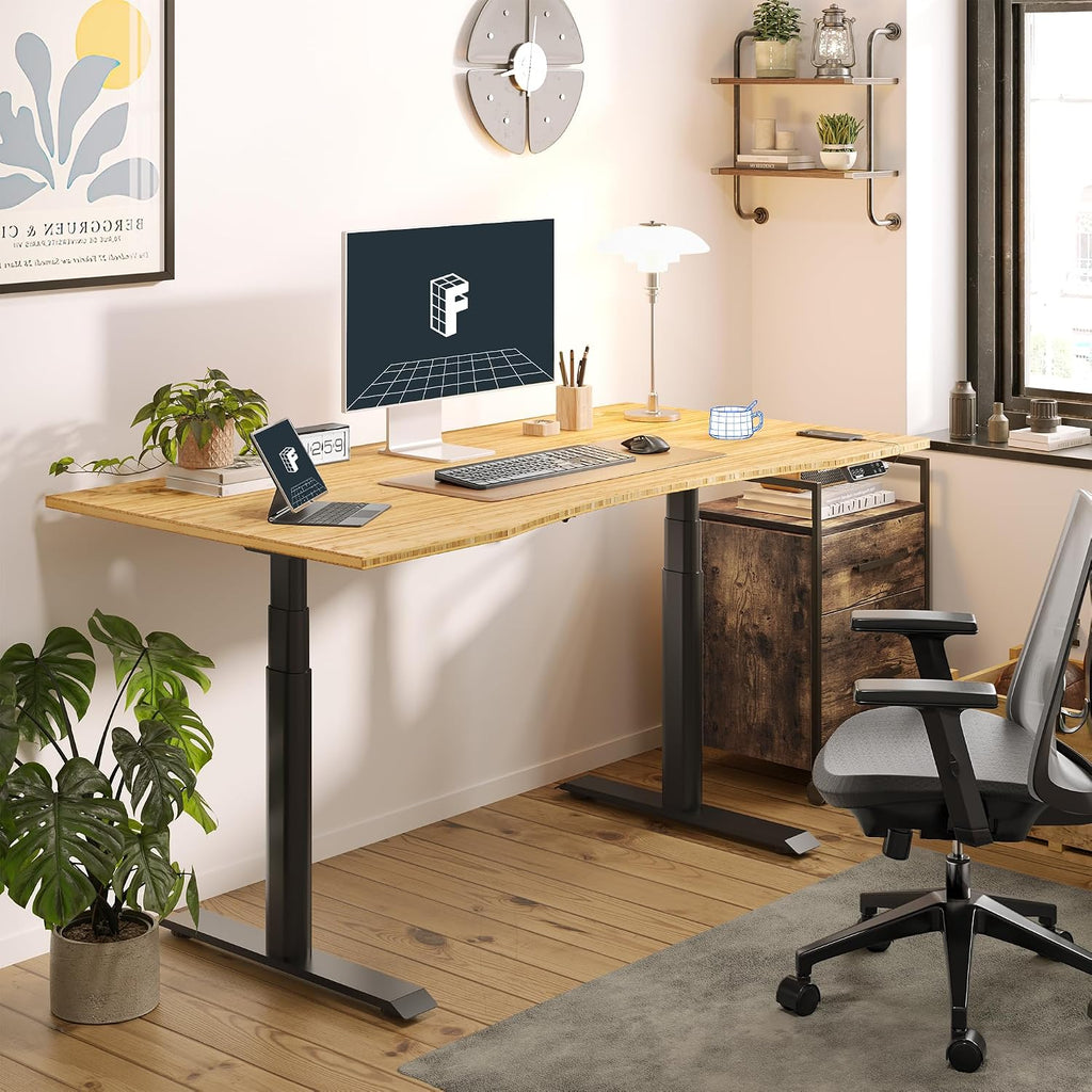 FLEXISPOT E6 Pro Organic Modern Bamboo Standing Desk, Dual Motor 3-Stage Height Adjustable Desk with Oval Legs, Heavy Duty 330lbs, 48' x 24' Bamboo Desktop with Ergonomic Curved Edge, Black Frame