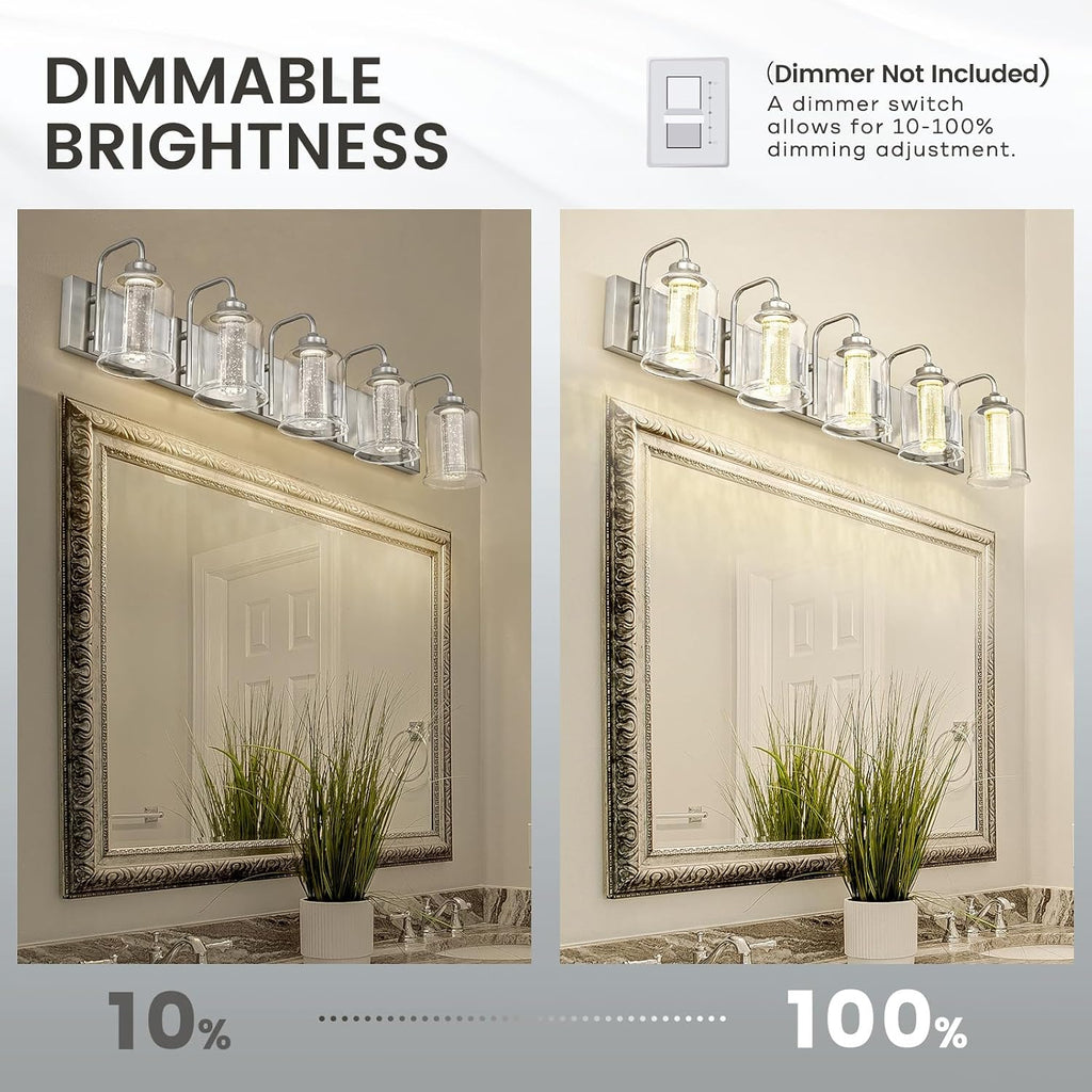 zeyu 30W Dimmable Bathroom Lighting, 5 Light LED Bathroom Wall Lights with 5 Color Modes, Brushed Nickel Finish with Crystal Bubble and Clear Glass, ZSL72B-5W LED BN