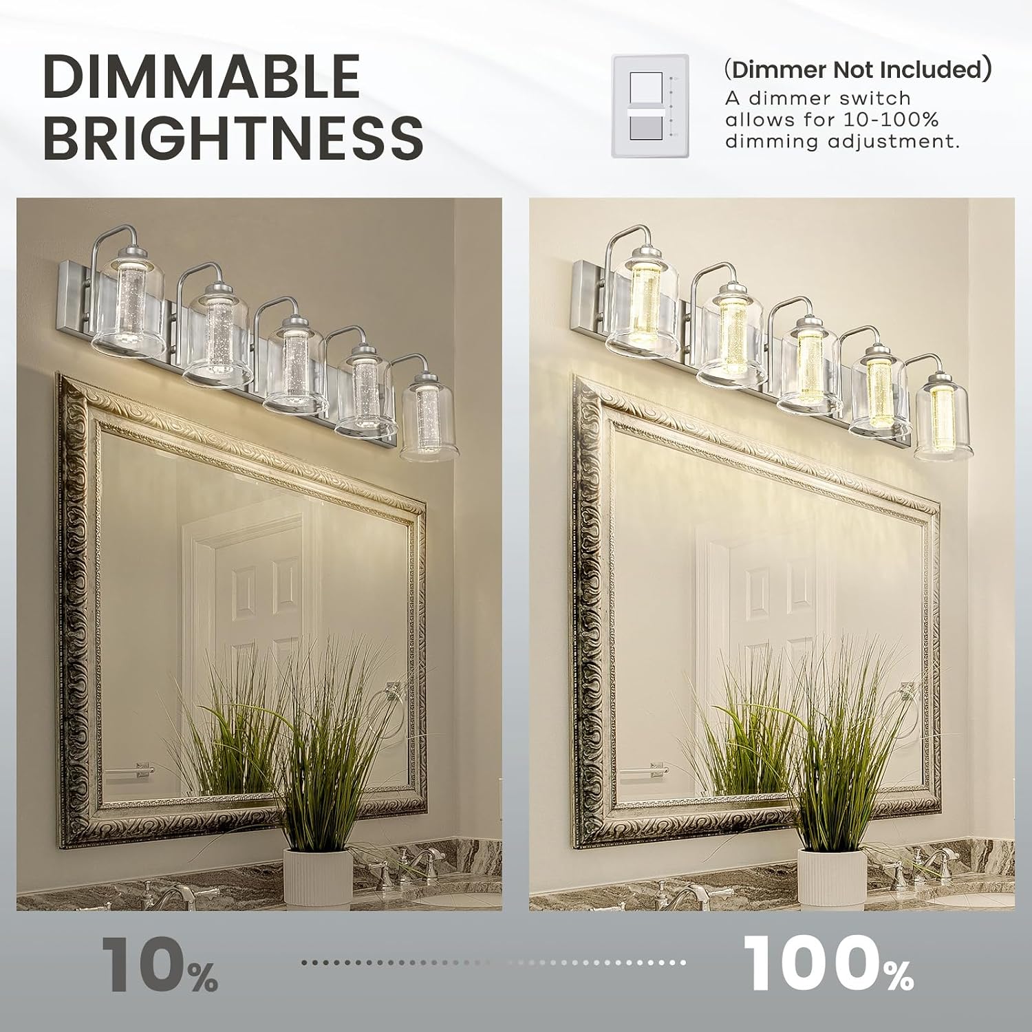 zeyu 30W Dimmable Bathroom Lighting, 5 Light LED Bathroom Wall Lights with 5 Color Modes, Brushed Nickel Finish with Crystal Bubble and Clear Glass, ZSL72B-5W LED BN
