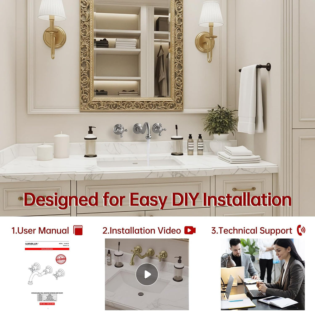 SUMERAIN Traditional Brushed Nickel Wall-Mounted Vessel Faucet, 3 Holes Cross Handles Bathroom Lavatory Sink with Included Rough-in Valve