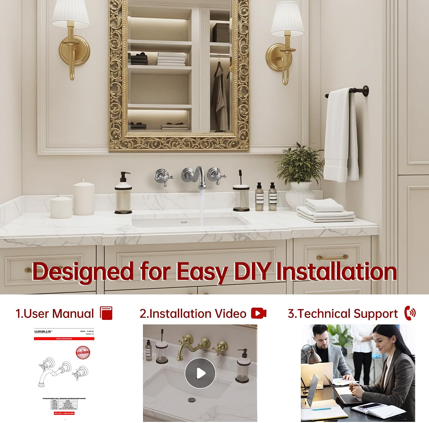 SUMERAIN Traditional Brushed Nickel Wall-Mounted Vessel Faucet, 3 Holes Cross Handles Bathroom Lavatory Sink with Included Rough-in Valve