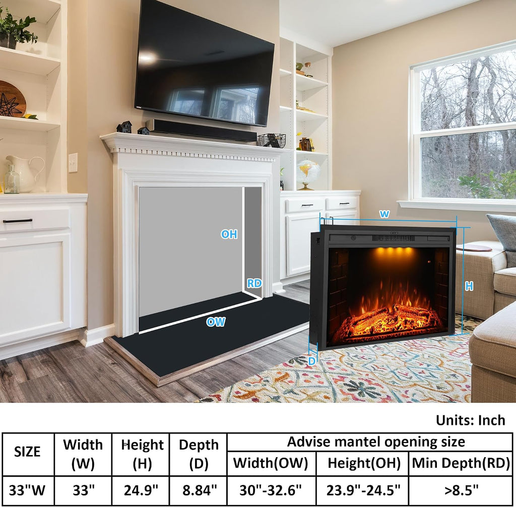 33 inch Electric Fireplace, Wall Fireplace Electric with Remote Control, Realistic Log and Crackling Sound, Overheating Protection and Timer, 750/1500W Black