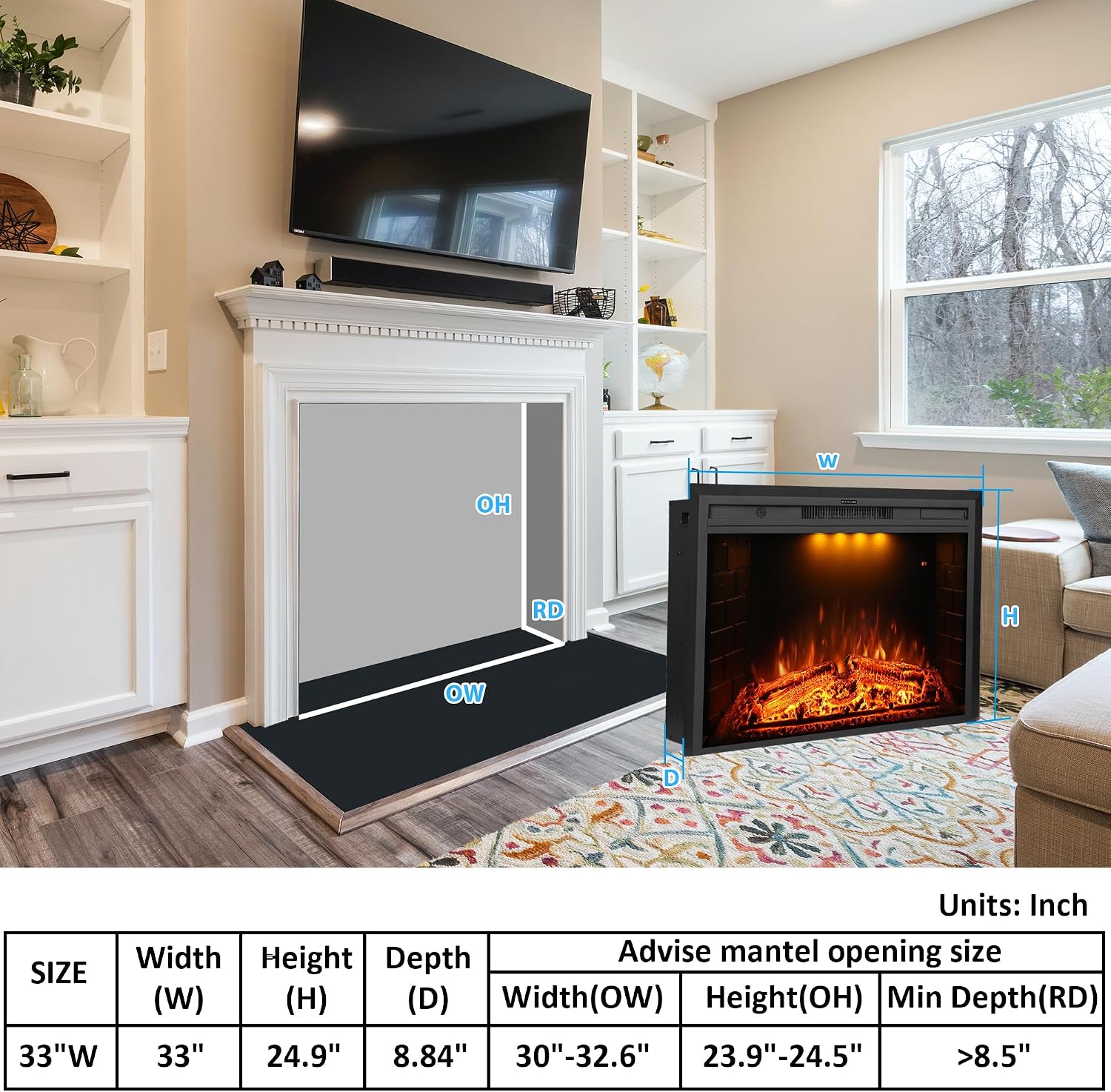 33 inch Electric Fireplace, Wall Fireplace Electric with Remote Control, Realistic Log and Crackling Sound, Overheating Protection and Timer, 750/1500W Black