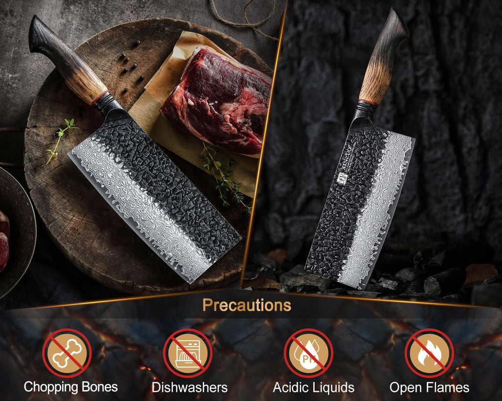 XINZUO 7.3 Inch Vegetable Cleaver Knife,10Cr15Comov Steel Core Forged Damascus Steel,Sharp Slicing Knife For Home Kitchen And Restaurant,Ergonomic White Oak + Red G10 Gasket Handle