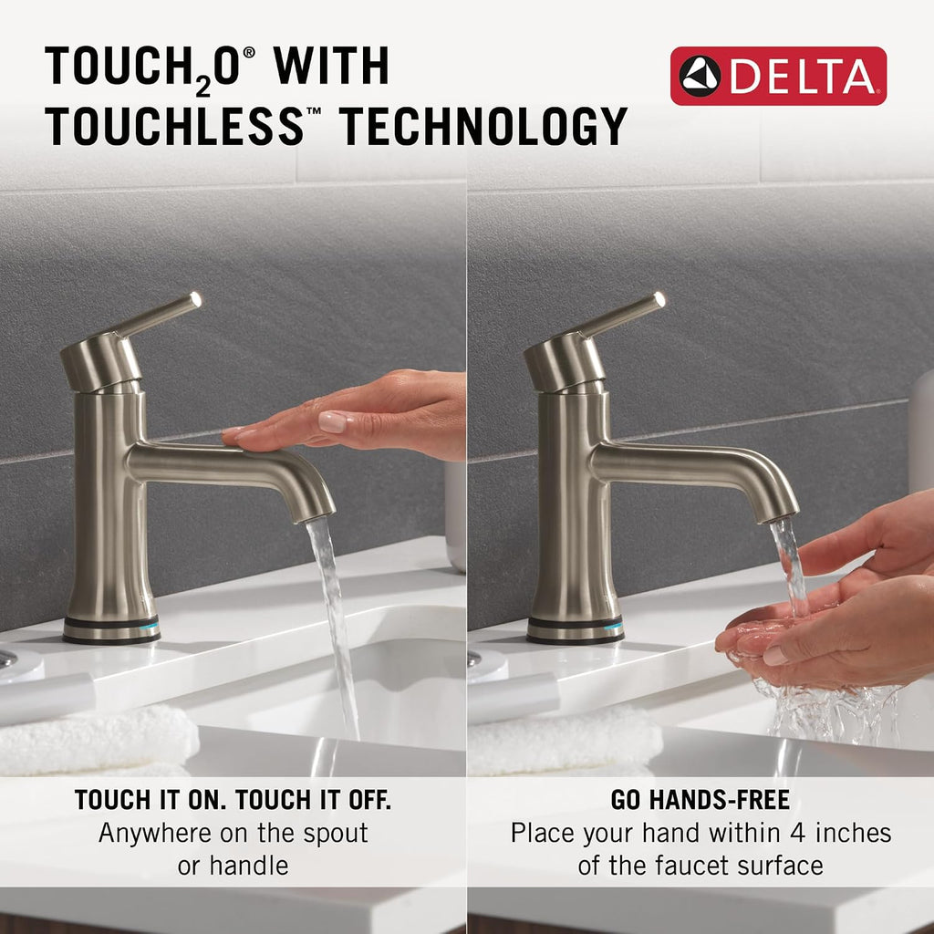 Delta Trinsic Touchless 1-Hole Bathroom Faucet with Touch On Technology, Brushed Nickel Single Hole Bathroom Sink Faucet, Metal Push-Pop Drain Assembly, Stainless 559TLF-SSMPU