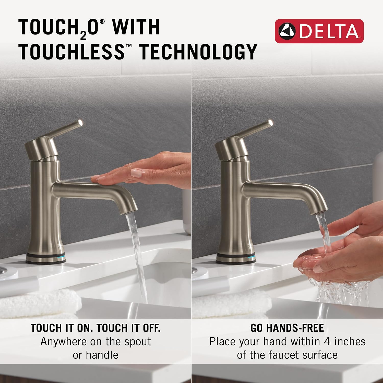 Delta Trinsic Touchless 1-Hole Bathroom Faucet with Touch On Technology, Brushed Nickel Single Hole Bathroom Sink Faucet, Metal Push-Pop Drain Assembly, Stainless 559TLF-SSMPU