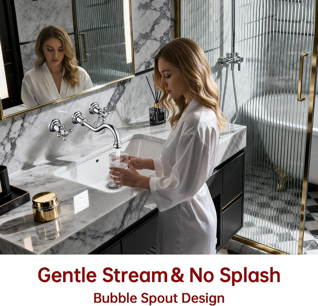 SUMERAIN Wall Mount Vintage Bathroom Vessel Sink Faucet,3 Holes Cross Knobs Brass Lavatory Basin Faucet, Chrome Finish with Included Rough-in Valve