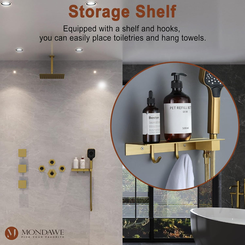 MONDAWE Shower System with Body Jets, 12 Inch Thermostatic Rain Shower System Ceiling Mount, Full Body Spray Shower Jets System with a Shelf, Towel Hooks - Brushed Gold