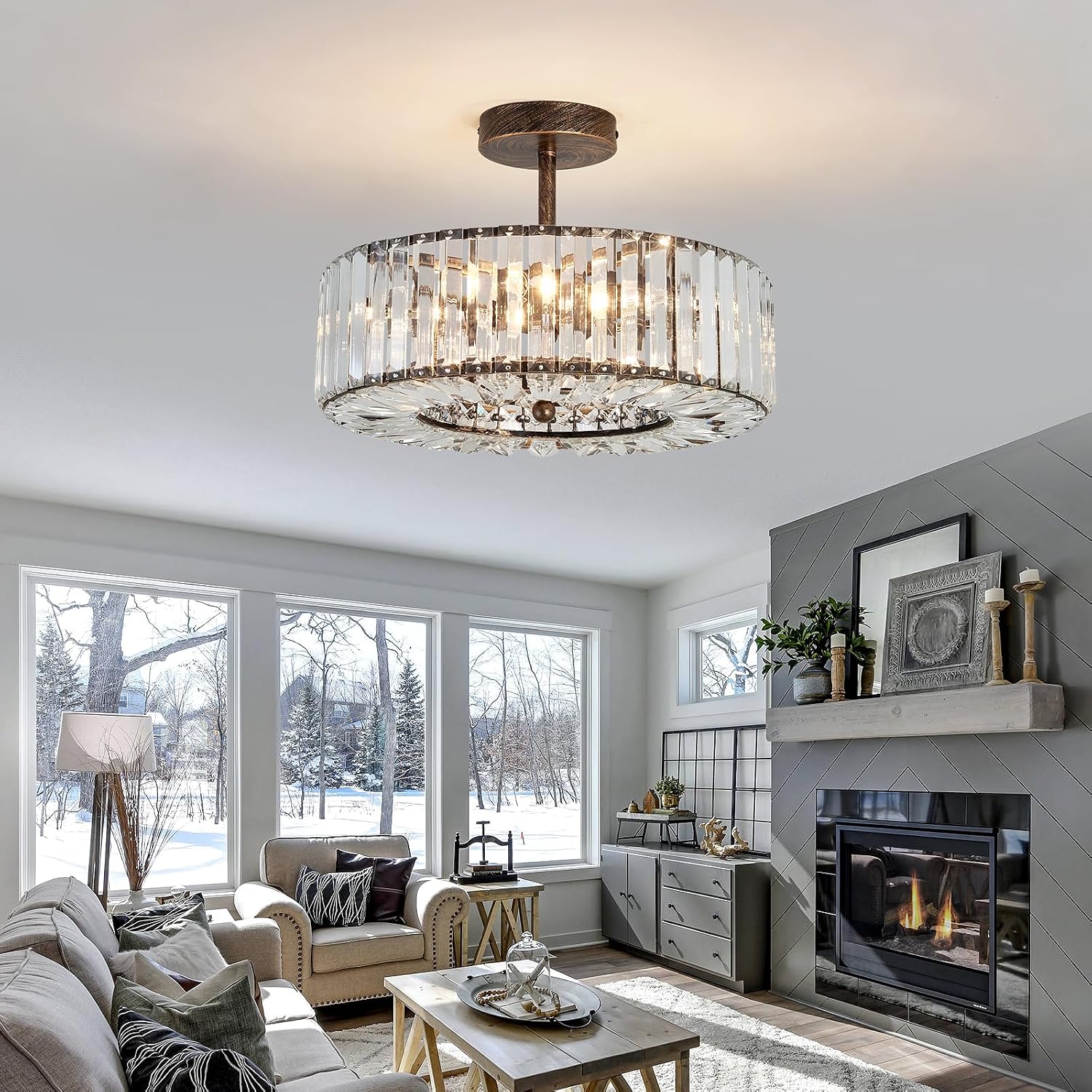 Piepooye 4 Lights Modern Crystal Chandelier Oil Rubbed Bronze Round Semi Flush Mount Ceiling Light Fixture Farmhouse Chandelier for Dinning Room Living Room Bedroom Hallway Entryway Kitchen