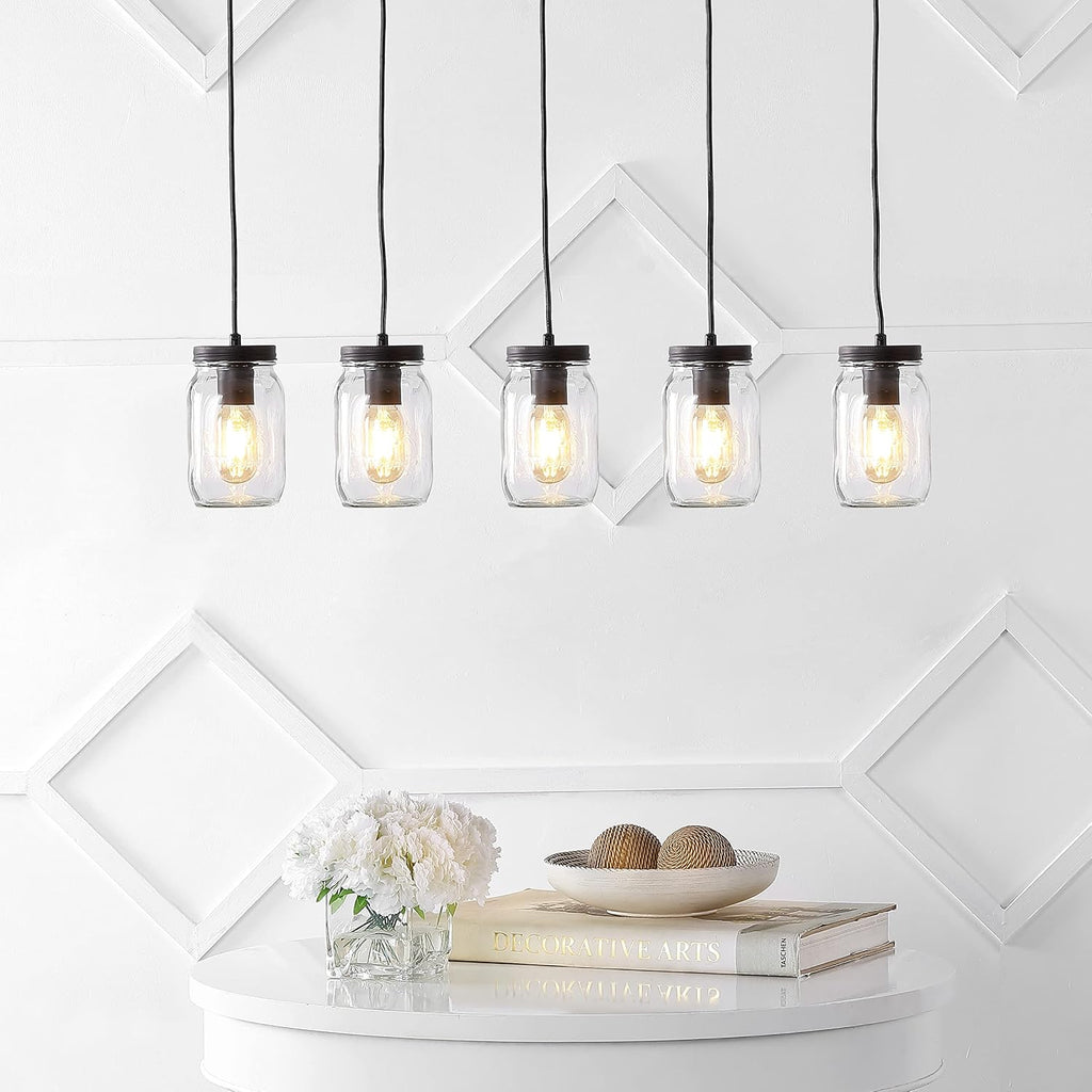 JONATHAN Y 33.25' Oil Rubbed Bronze/Clear Farmhouse Industrial Mini Pendant Lighting, Clear Glass Mason Jar Shade, Dimmable Hanging Ceiling Fixture for Kitchen Island Sink, LED Bulb Included JYL7803A