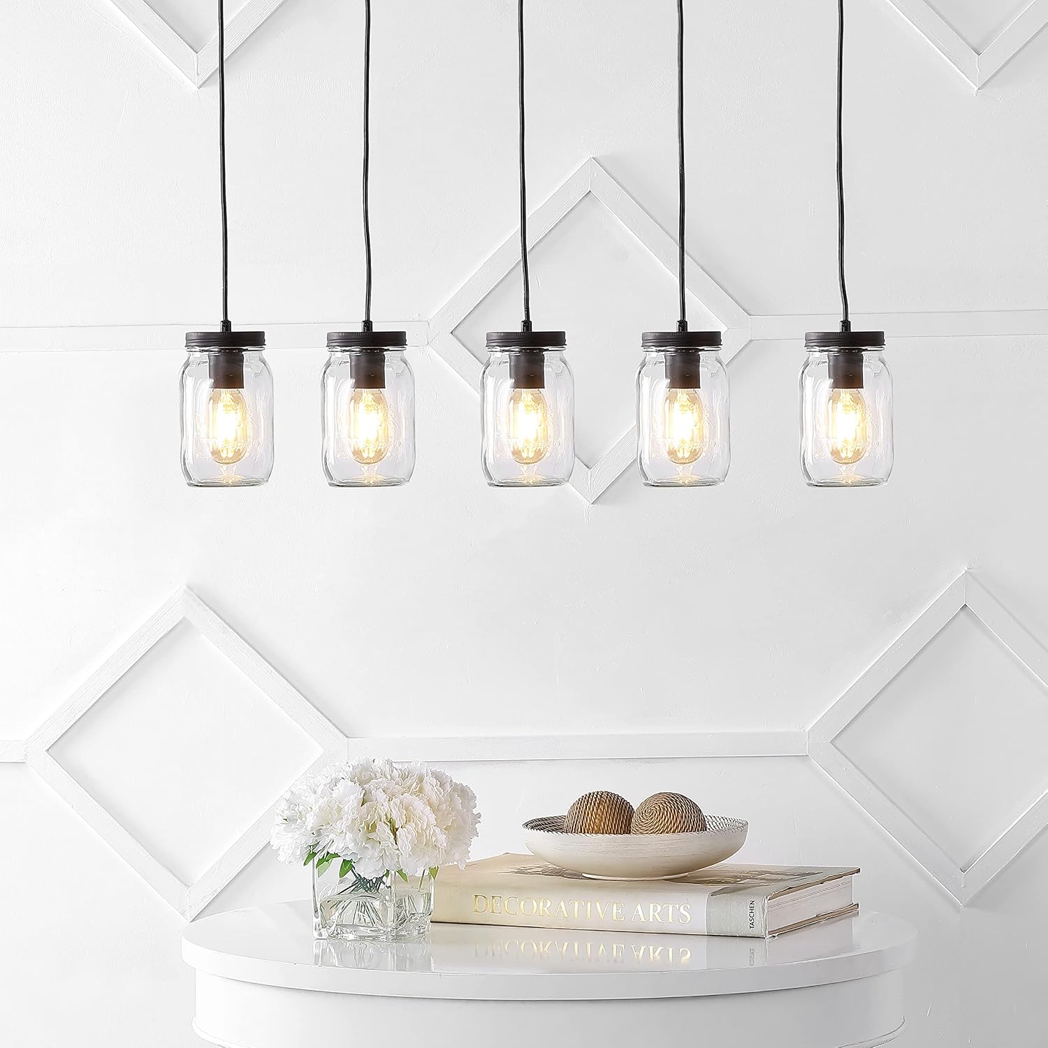 JONATHAN Y 33.25' Oil Rubbed Bronze/Clear Farmhouse Industrial Mini Pendant Lighting, Clear Glass Mason Jar Shade, Dimmable Hanging Ceiling Fixture for Kitchen Island Sink, LED Bulb Included JYL7803A