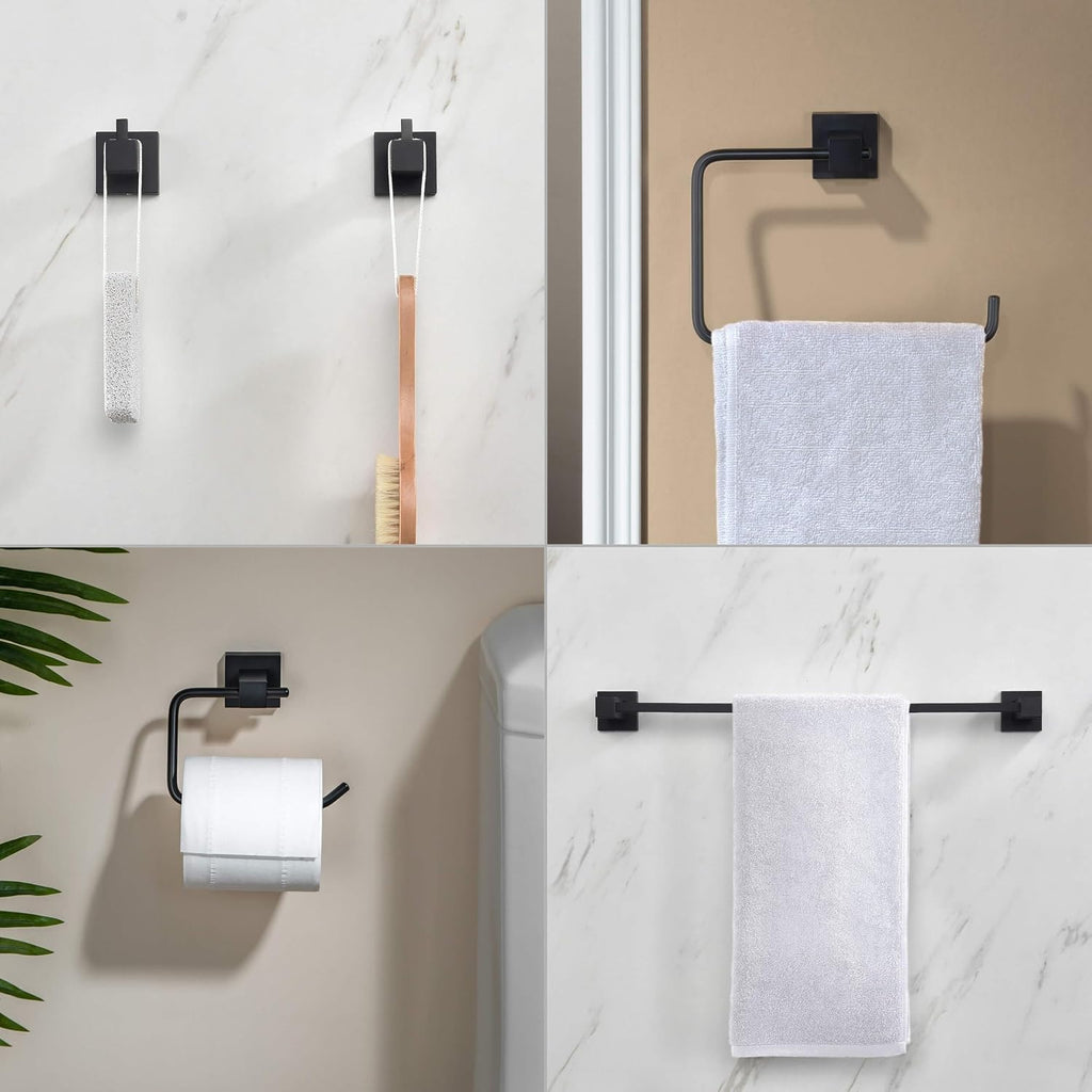 KIBI Cube Bathroom Hardware Set, 5-Piece Accessories Set | 18' Towel Bar, Towel Ring, Toilet Paper Holder, 2 Robe Hooks | Solid Brass Wall Mounted Bathroom Fixtures | Matte Black, C-KBA15-5-4