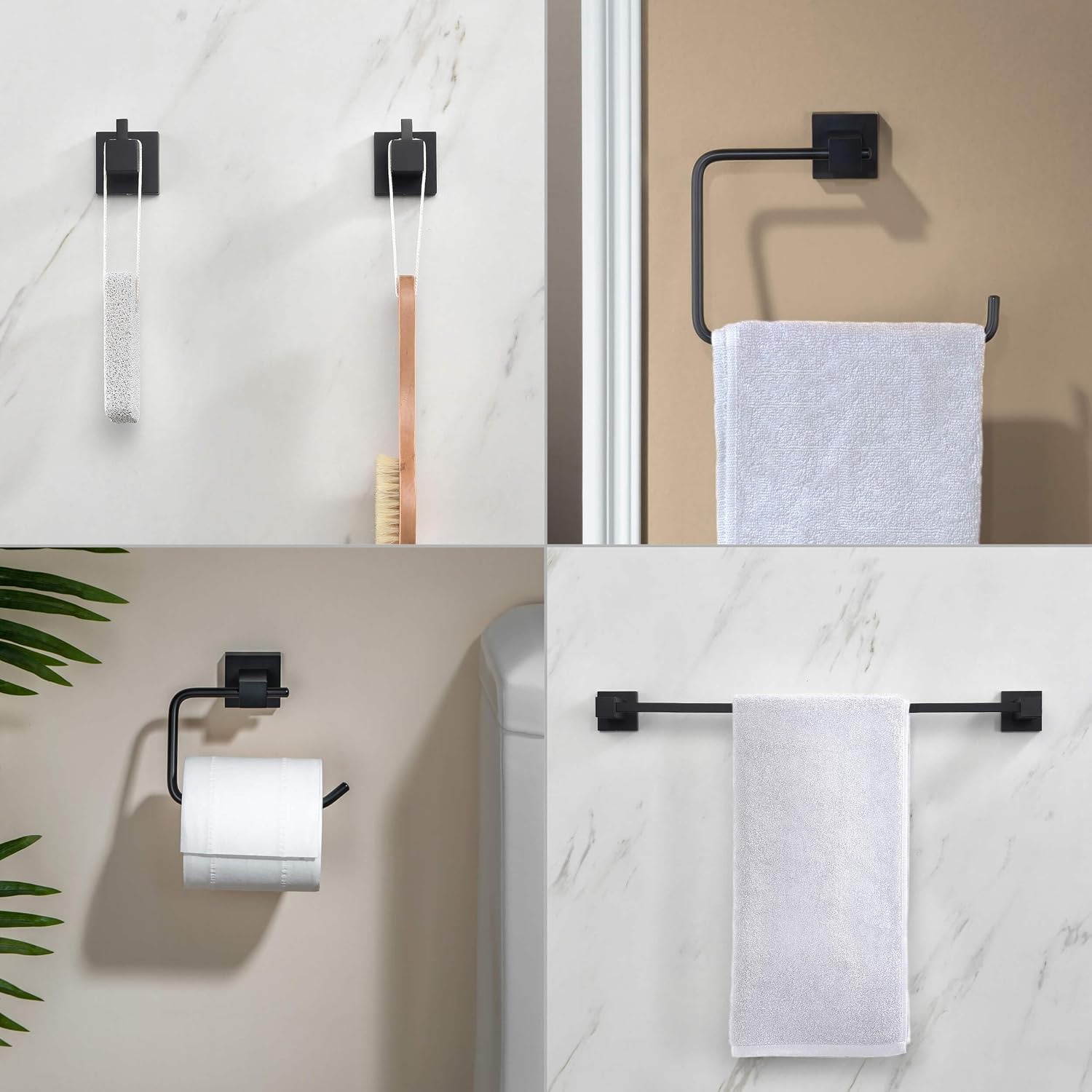 KIBI Cube Bathroom Hardware Set, 5-Piece Accessories Set | 18' Towel Bar, Towel Ring, Toilet Paper Holder, 2 Robe Hooks | Solid Brass Wall Mounted Bathroom Fixtures | Matte Black, C-KBA15-5-4