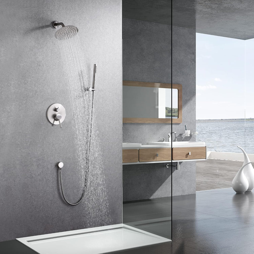 SUMERAIN Wall Mounted Rainfall Shower System Brushed Nickel Shower Faucet Set with Handheld Sprayer and Valve