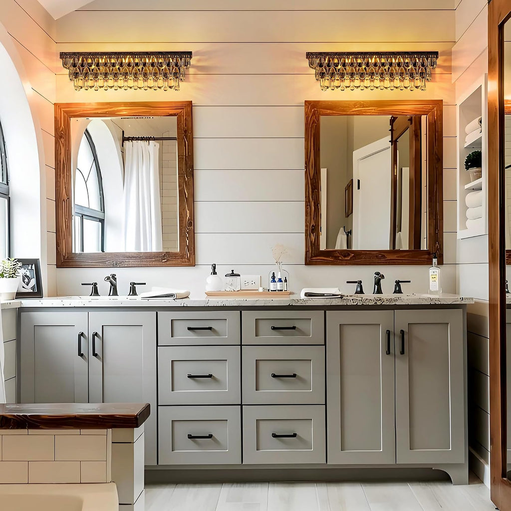 Wellmet Bathroom Vanity Light Fixtures Over Mirror 4 Lights Antique Bronze Crystal Bathroom Wall Light Fixtures Dimmable, Farmhouse Vintage Sconces for Mirror Cabinets, Powder Room, Bedroom, 24' L