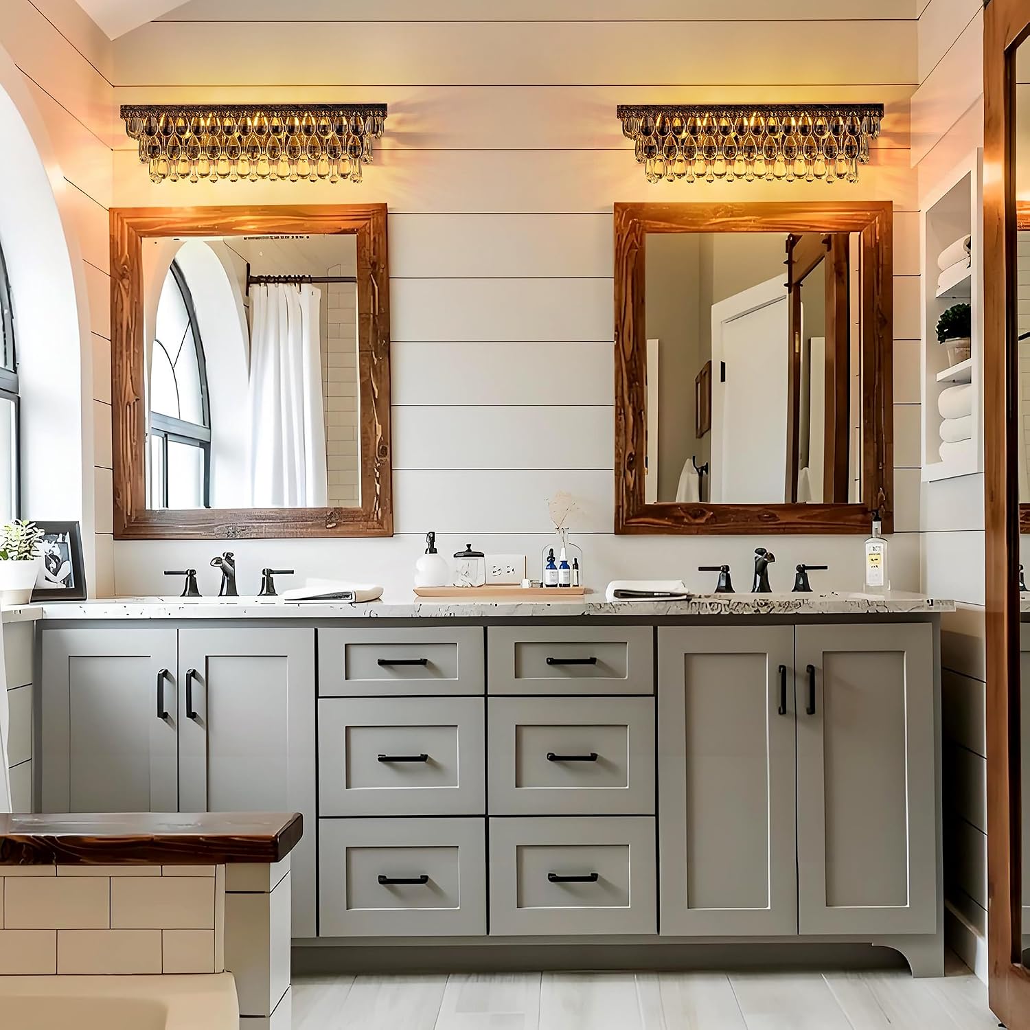 Wellmet Bathroom Vanity Light Fixtures Over Mirror 4 Lights Antique Bronze Crystal Bathroom Wall Light Fixtures Dimmable, Farmhouse Vintage Sconces for Mirror Cabinets, Powder Room, Bedroom, 24' L