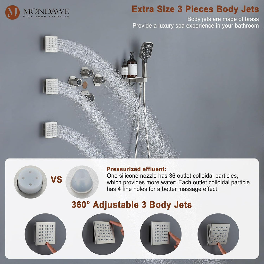 MONDAWE Shower System with Body Jets, 12 Inch Thermostatic Rain Shower System Ceiling Mount, Full Body Spray Shower Jets System with a Shelf, Towel Hooks - Brushed Nickel