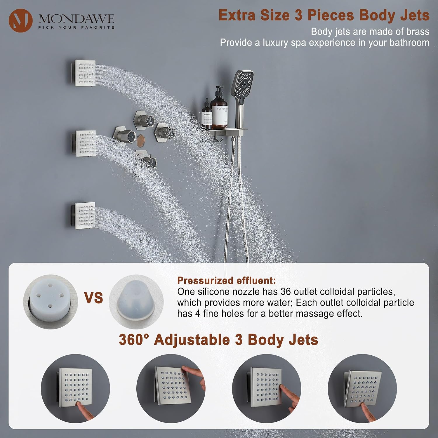 MONDAWE Shower System with Body Jets, 12 Inch Thermostatic Rain Shower System Ceiling Mount, Full Body Spray Shower Jets System with a Shelf, Towel Hooks - Brushed Nickel