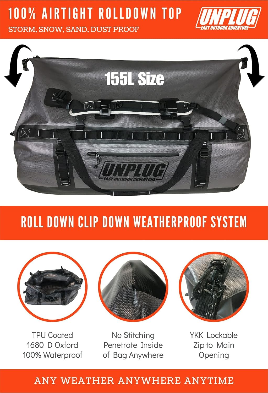 UNPLUG Ultimate Adventure | 1680D Heavy Duty Waterproof Bag | Large Travel Bag which can be Used for Camping, Motorcycling, Boating, or Hunting|155L Storm Grey