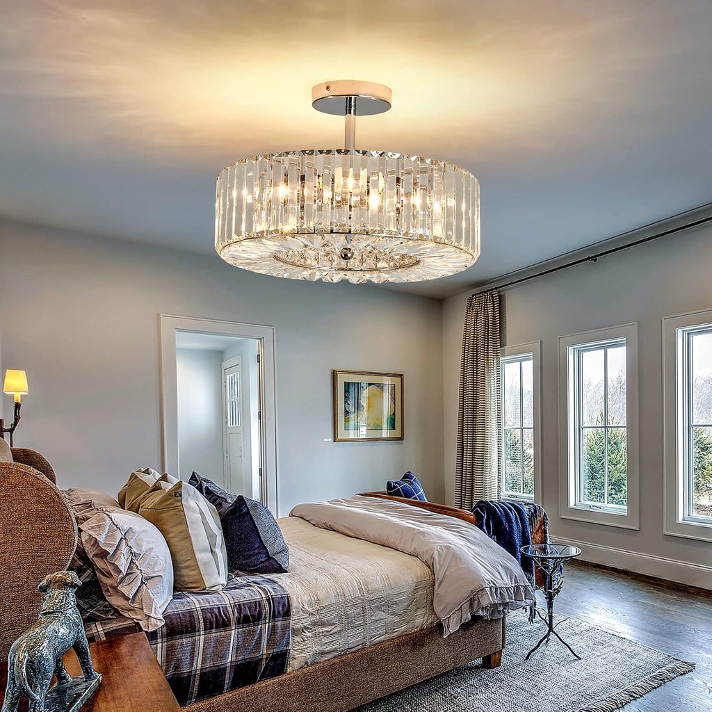 Piepooye 4 Lights Modern Crystal Chandelier Chrome Round Semi Flush Mount Ceiling Light Fixture Farmhouse Chandelier for Dinning Room Living Room Bedroom Hallway Entryway Kitchen