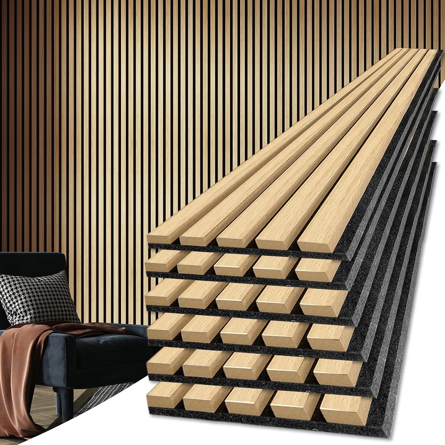 Art3d 6-Piece Wood Slat Acoustic Panels for Stylish Decor and Noise Reduction, 3D Textured Panel for Ceiling and Wall, Oak