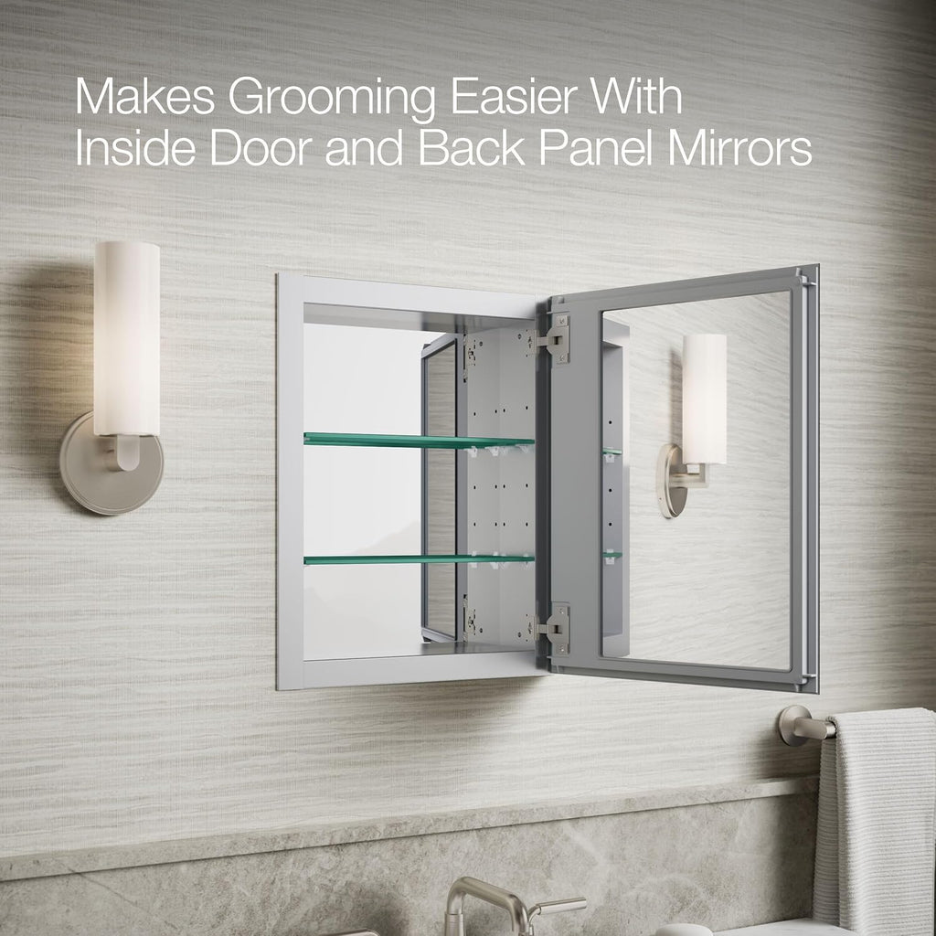 Kohler CB-CLR1620FS Frameless Bathroom Mirror Medicine Cabinet, Single Door, Rectangular Beveled Edge Frame, Bathroom Cabinet Mirror, Adjustable Shelves, 16 in. W x 20 in. H