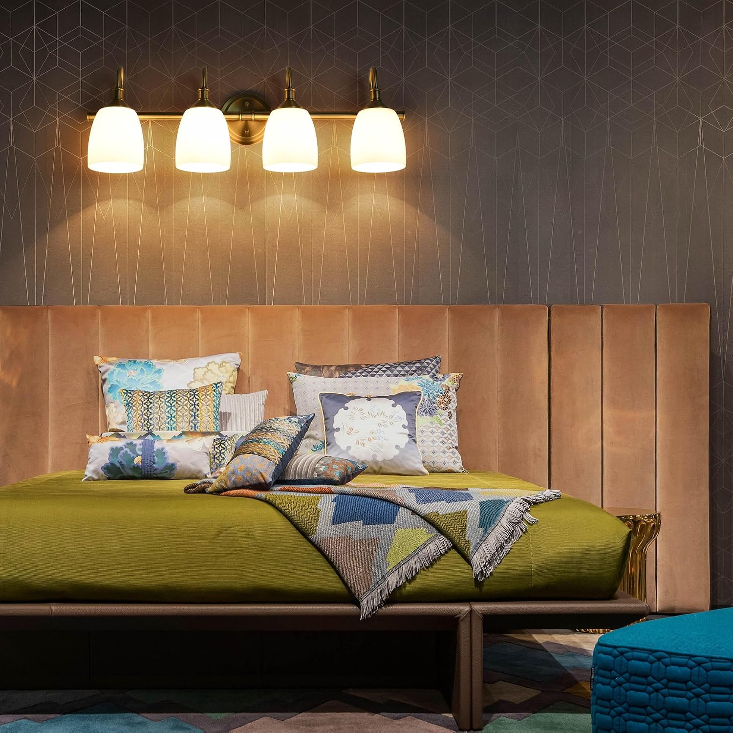 4-Light Champagne Bronze Bathroom Vanity Light Fixtures Over Mirror, Vintage Vanity Lights for Living Room, Milk White Glass Shades, Standard E26 Base