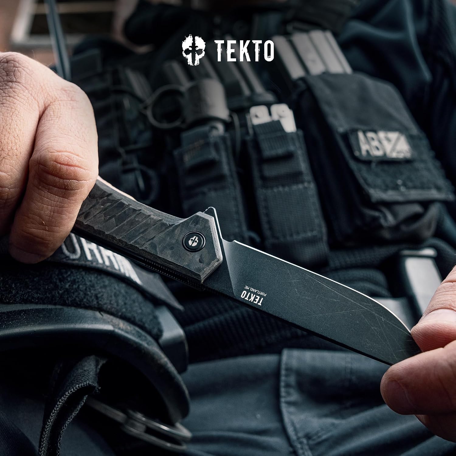 TEKTO F1 Alpha Folding Pocket Knife - Modified Straight Back Blade, Titanium Coated D2 Steel, Tactical Knife, EDC Folding Pocket Knives for Camping, Hunting & Backpacking - Forged Carbon, Blue Accents